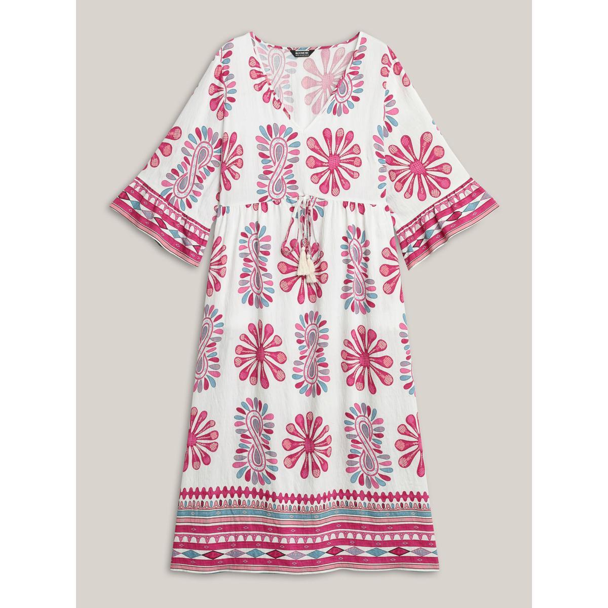 Plus Size Boho Drama Sheer A-Line Midi Dress Rosered Women V-neck Elbow-length sleeve Curvy BloomChic 26/4X Product Image