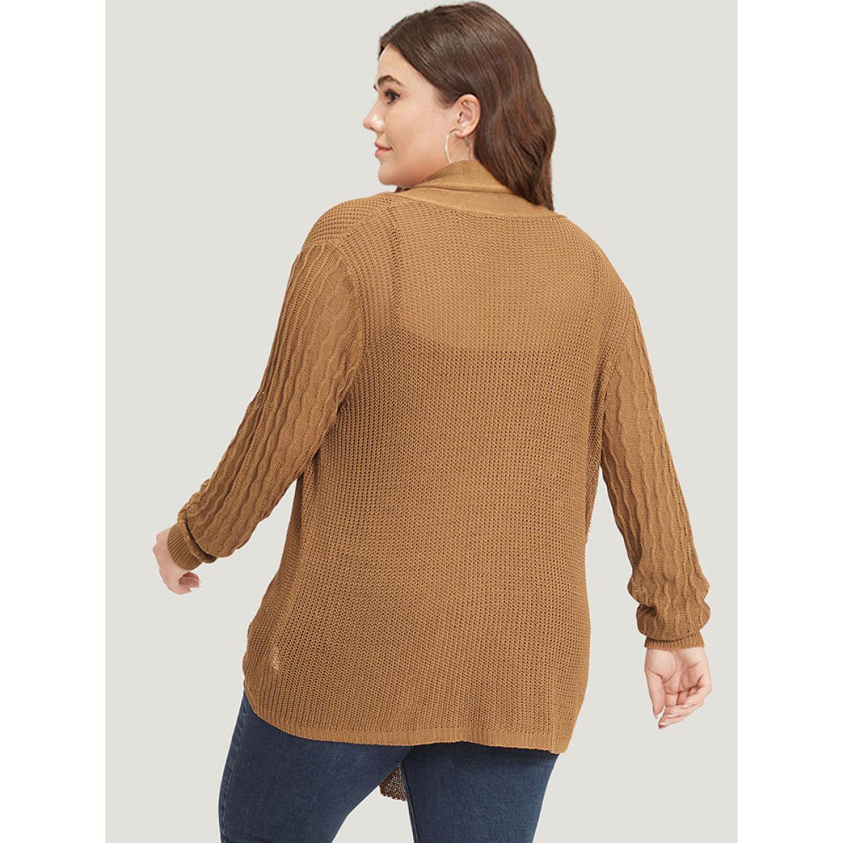 Plus Size Solid Lapel Collar Patchwork Asymmetrical Hem Cardigan Bronze Women Casual Loose Long Sleeve Everyday Cardigans BloomChic 22-24/3X Product Image