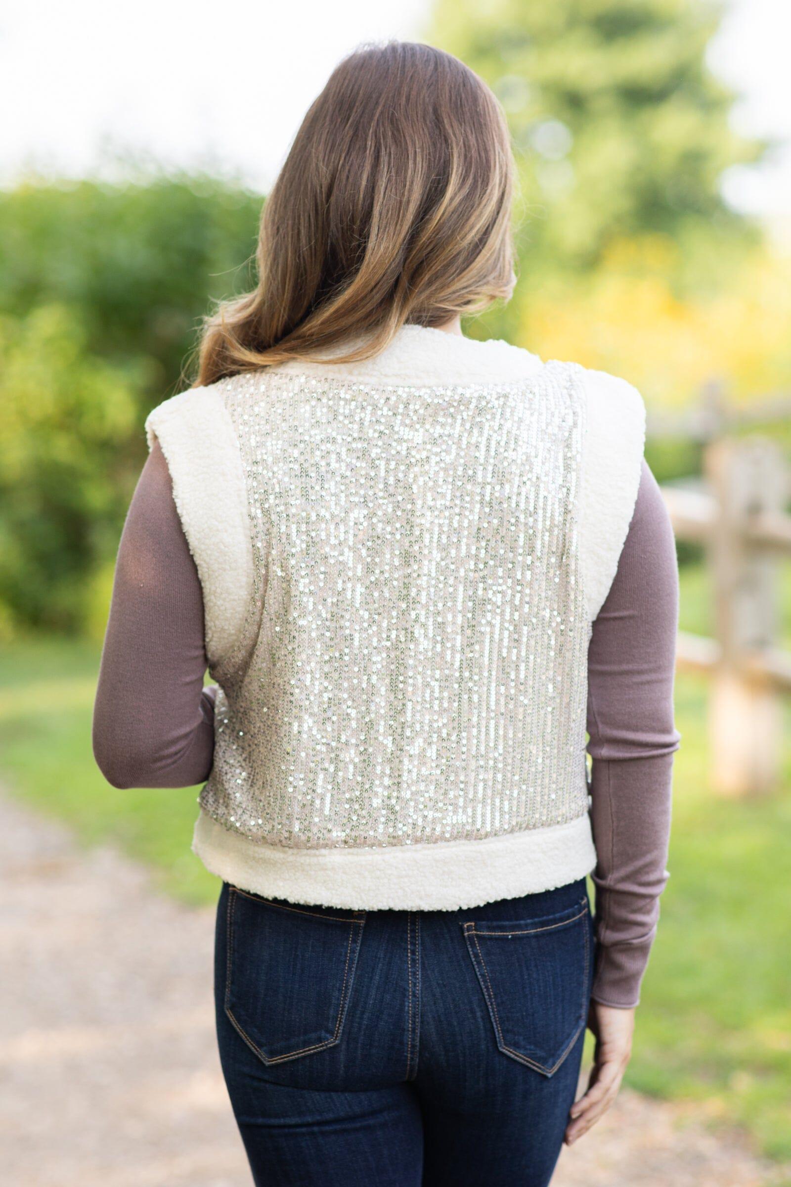 Cream and Silver Glitter Faux Fur Vest Product Image