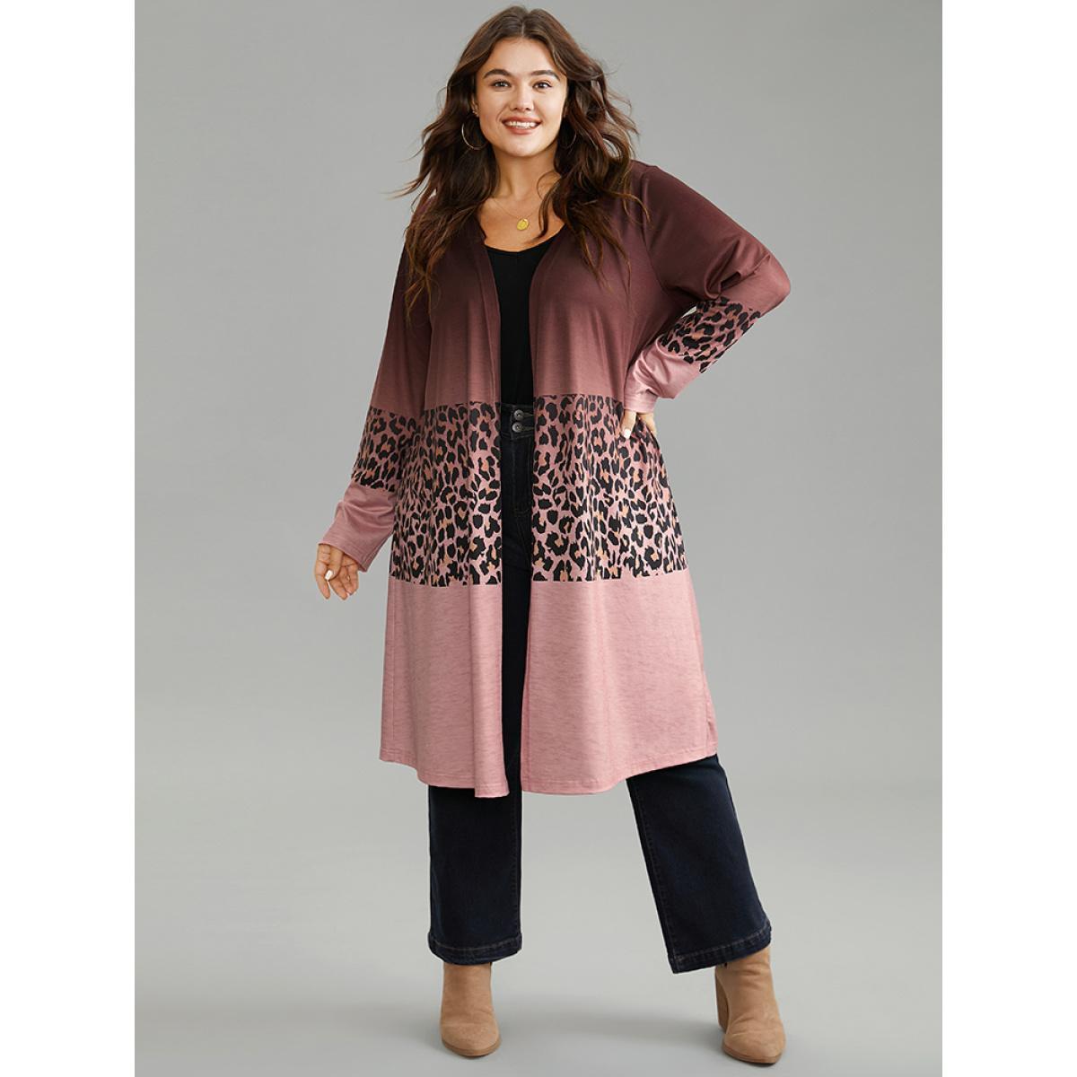 Plus Size Halloween Leopard Print Contrast Open Front Kimono Women Scarlet Casual Contrast Dailywear Kimonos BloomChic 12/L Product Image