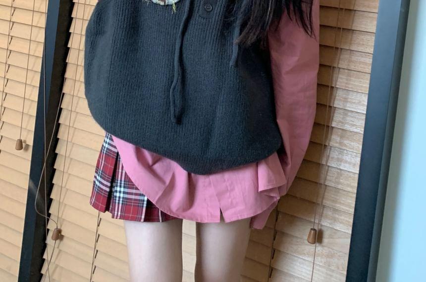 Plain Button-Up Shirt / Striped Neck Tie / Cat Embroidered Knit Sweater Vest Product Image