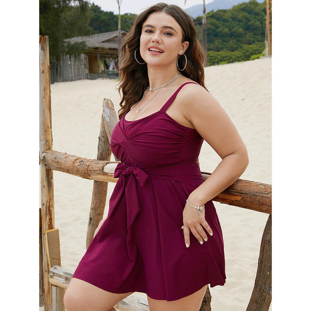 Plus Size Bowknot Crossover Pleated Detail Swim Dress Women's Swimwear RedViolet Beach Bodycon Heart neckline High stretch Curve Swim Dresses BloomChic 12/L Product Image