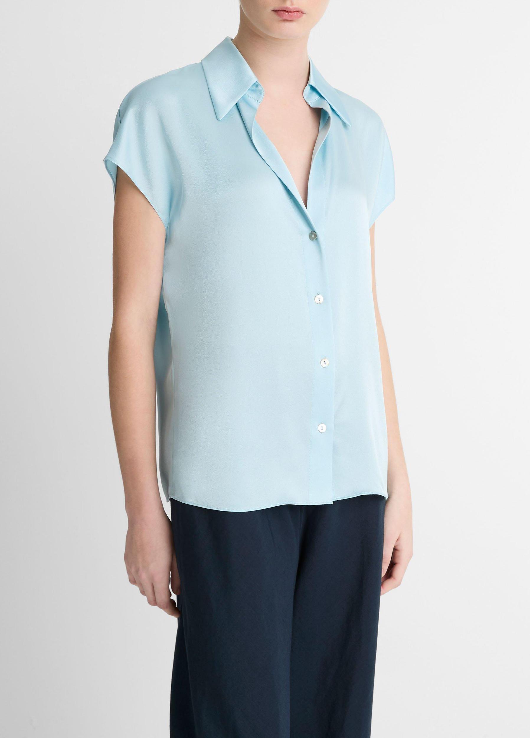 Womens Silk Cap-Sleeve Ruched-Back Blouse, Black, Size L Vince Product Image