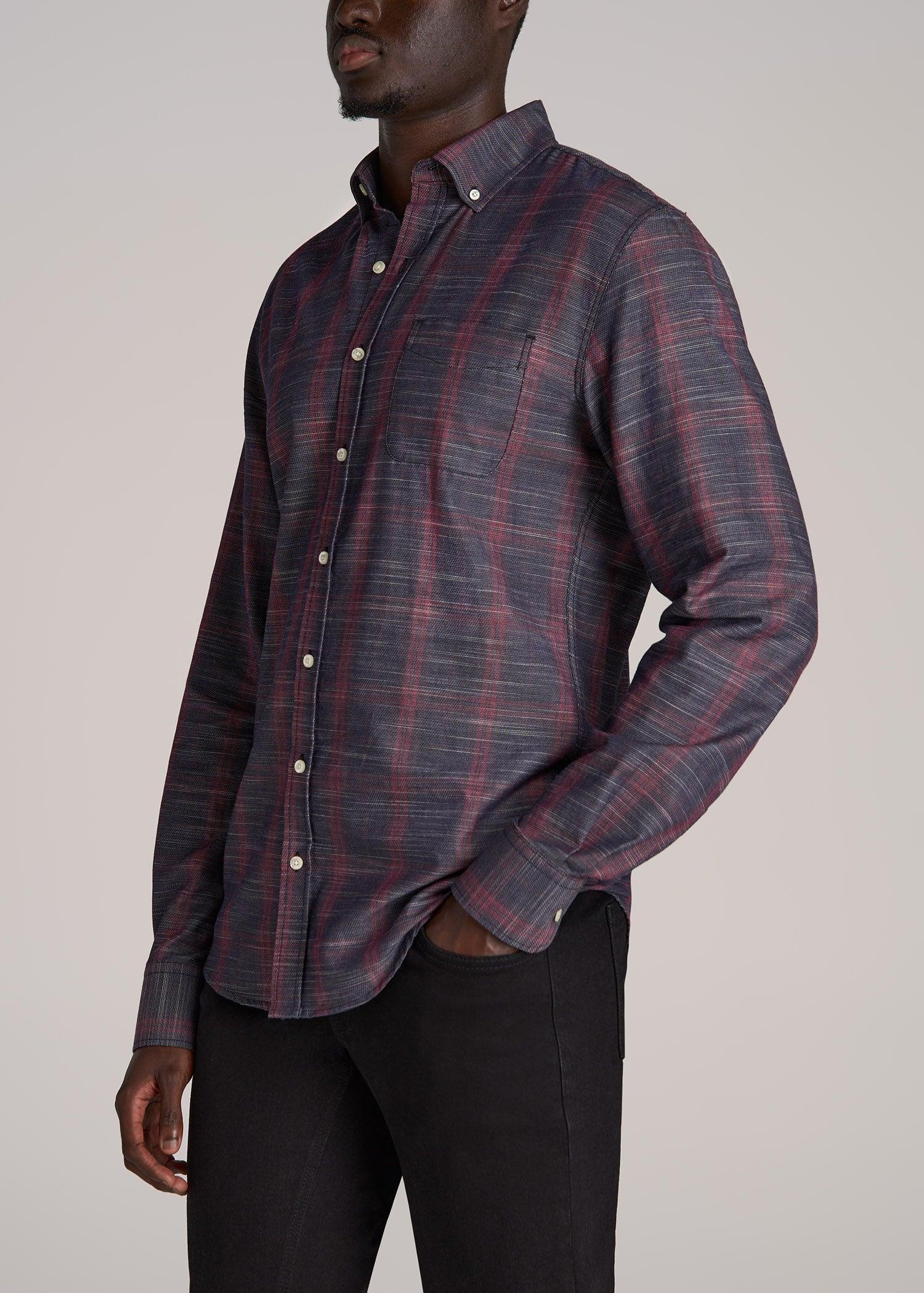 Textured Weave Cotton Button-Up Shirt for Tall Men in Red Plaid Product Image