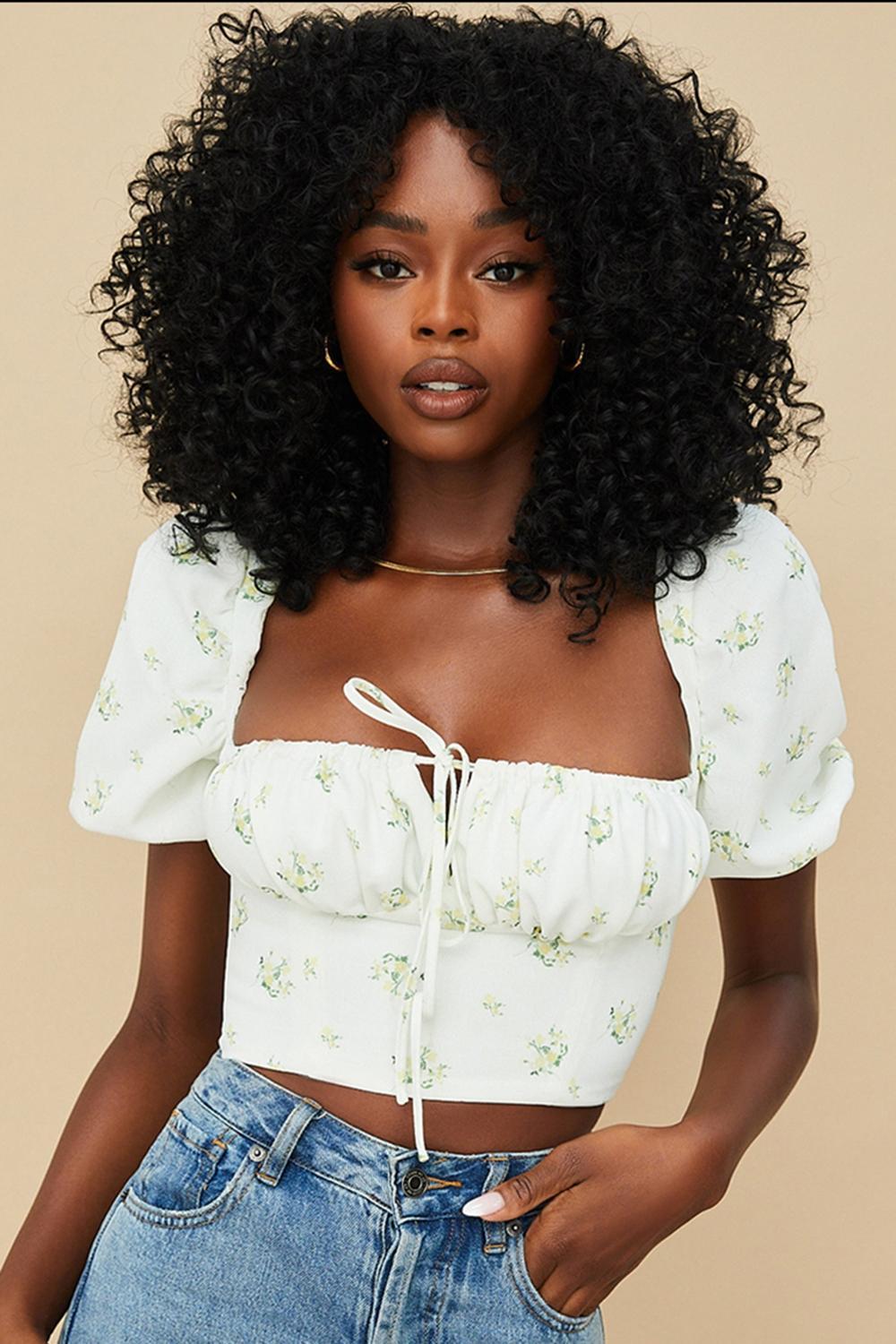 Arianna Ivory Floral Puff Sleeve Cropped Top Product Image
