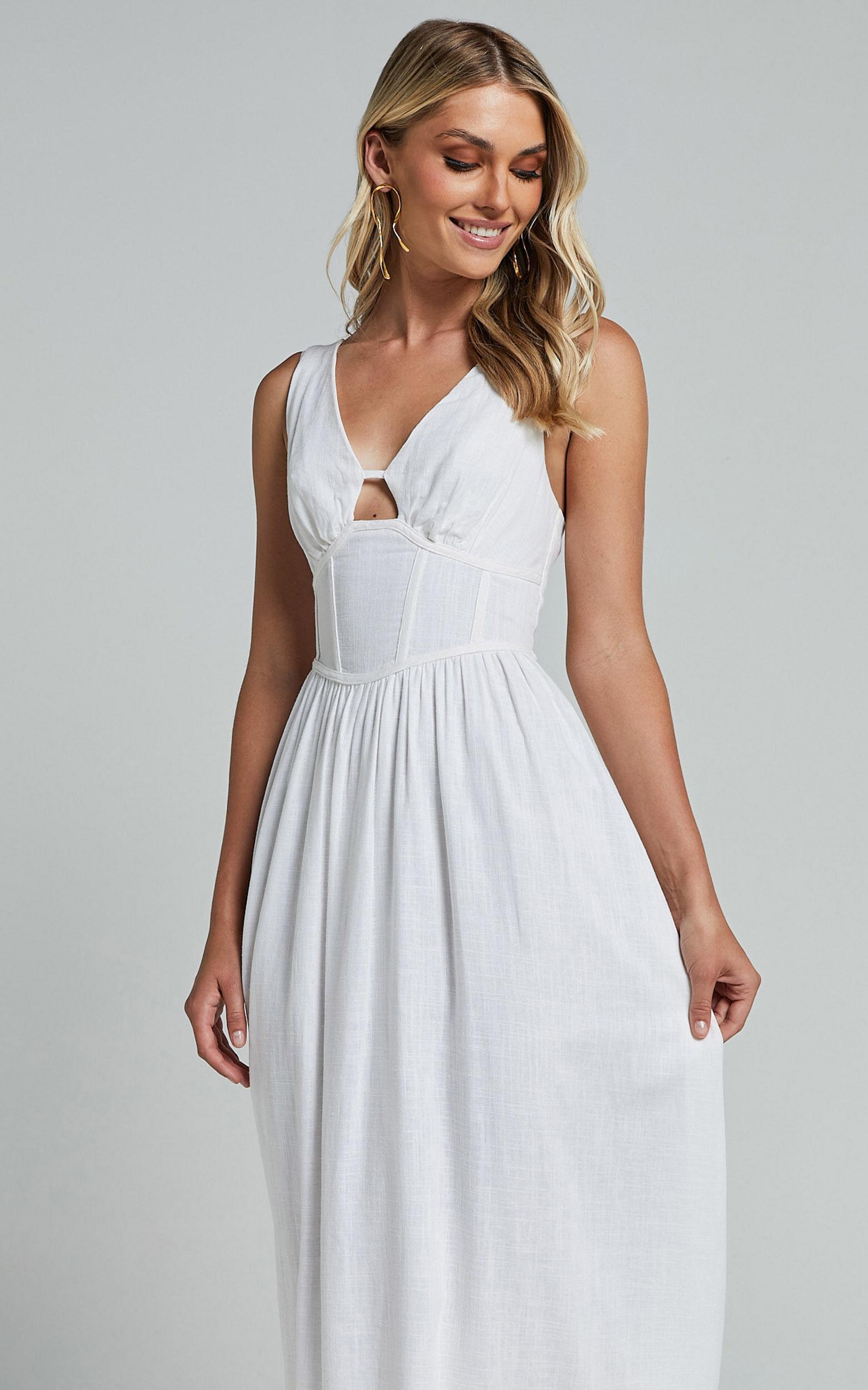 Amalie The Label - Chamika Linen Blend Bustier Double Tie Back Midi Dress in White Product Image