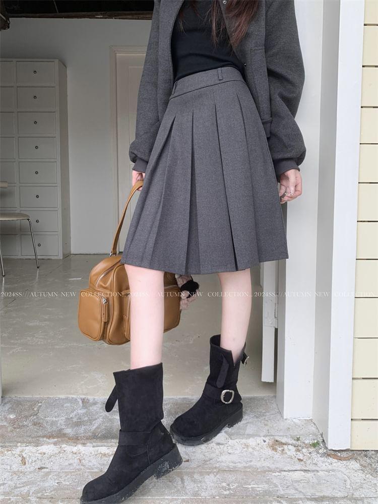 High Waist Plain Midi Pleated Skirt Product Image