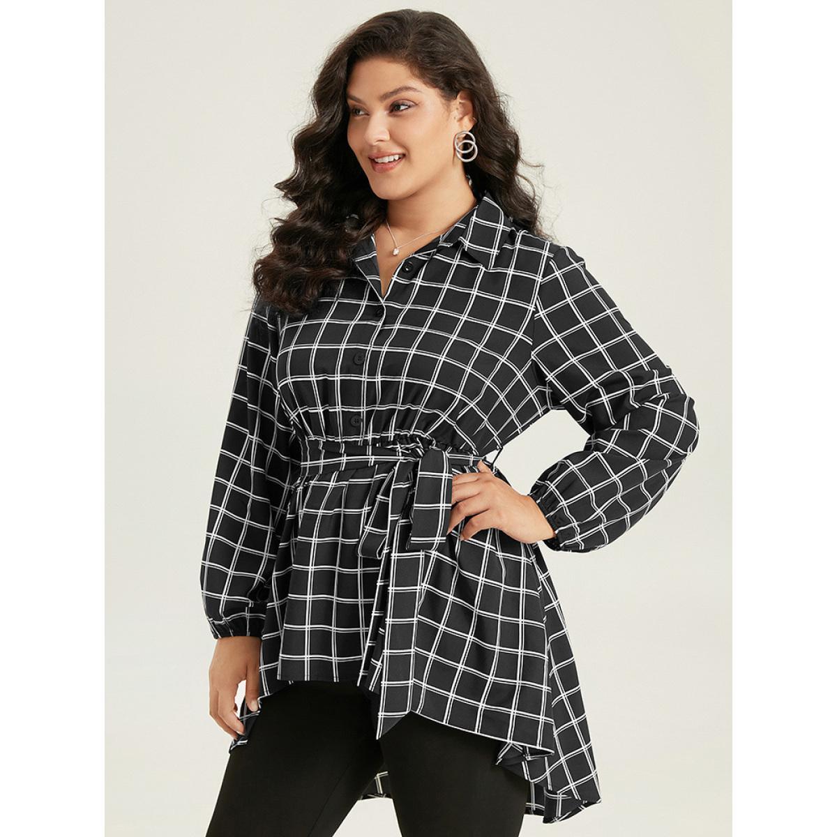 Plus Size Black Plaid Button Up Belted High Low Hem Blouse Women Office Long Sleeve Shirt collar Work Blouses BloomChic 30/6X Product Image