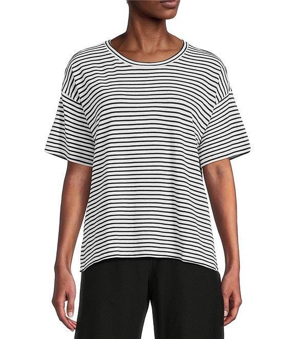 Eileen Fisher Organic Cotton Stripe Knit Crew Neck Short Sleeve Box Top Product Image