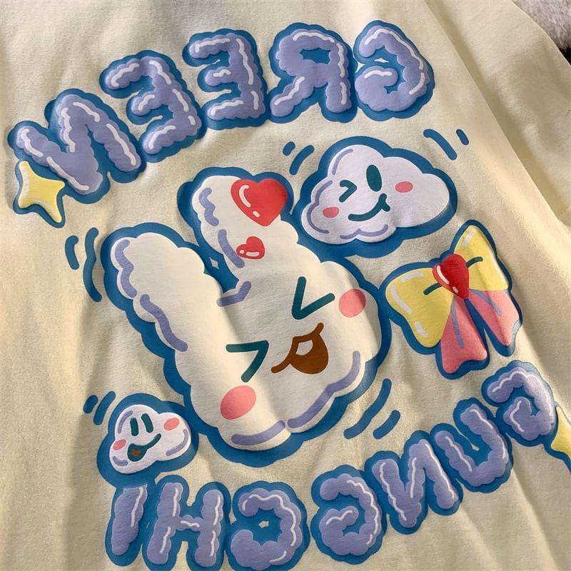 Short Sleeve Rabbit & Lettering Print Loose-Fit Tee Product Image
