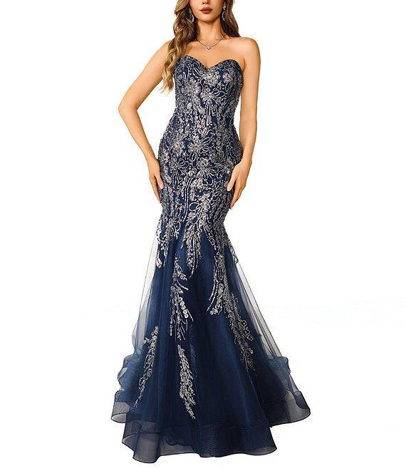 Terani Couture Sweetheart Neck Beaded Tulle Mermaid Gown Product Image