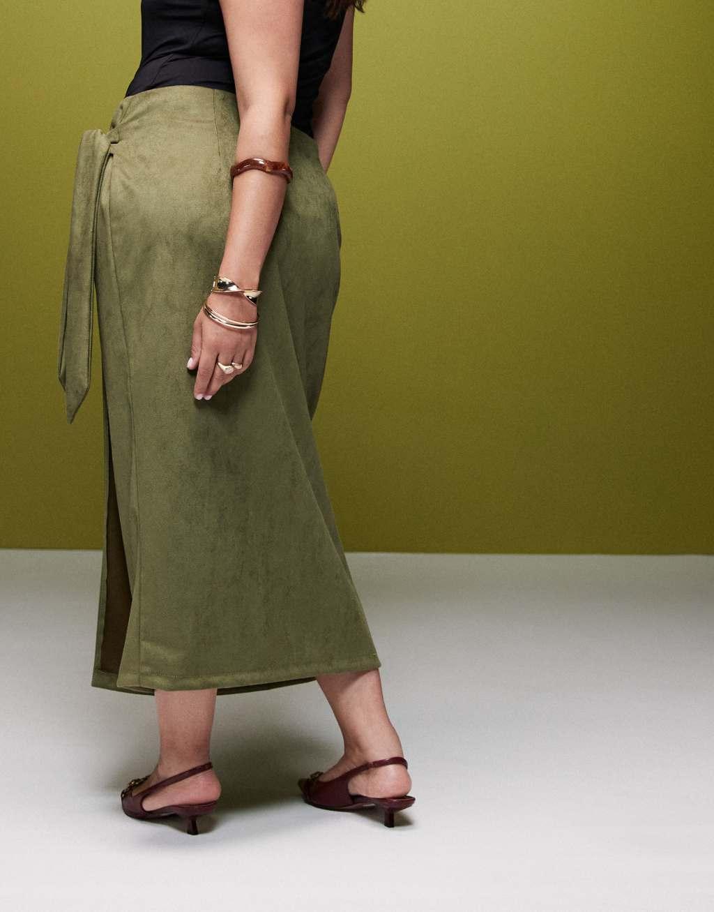 ASOS DESIGN Curve tie detail wrap suedette maxi skirt in khaki Product Image