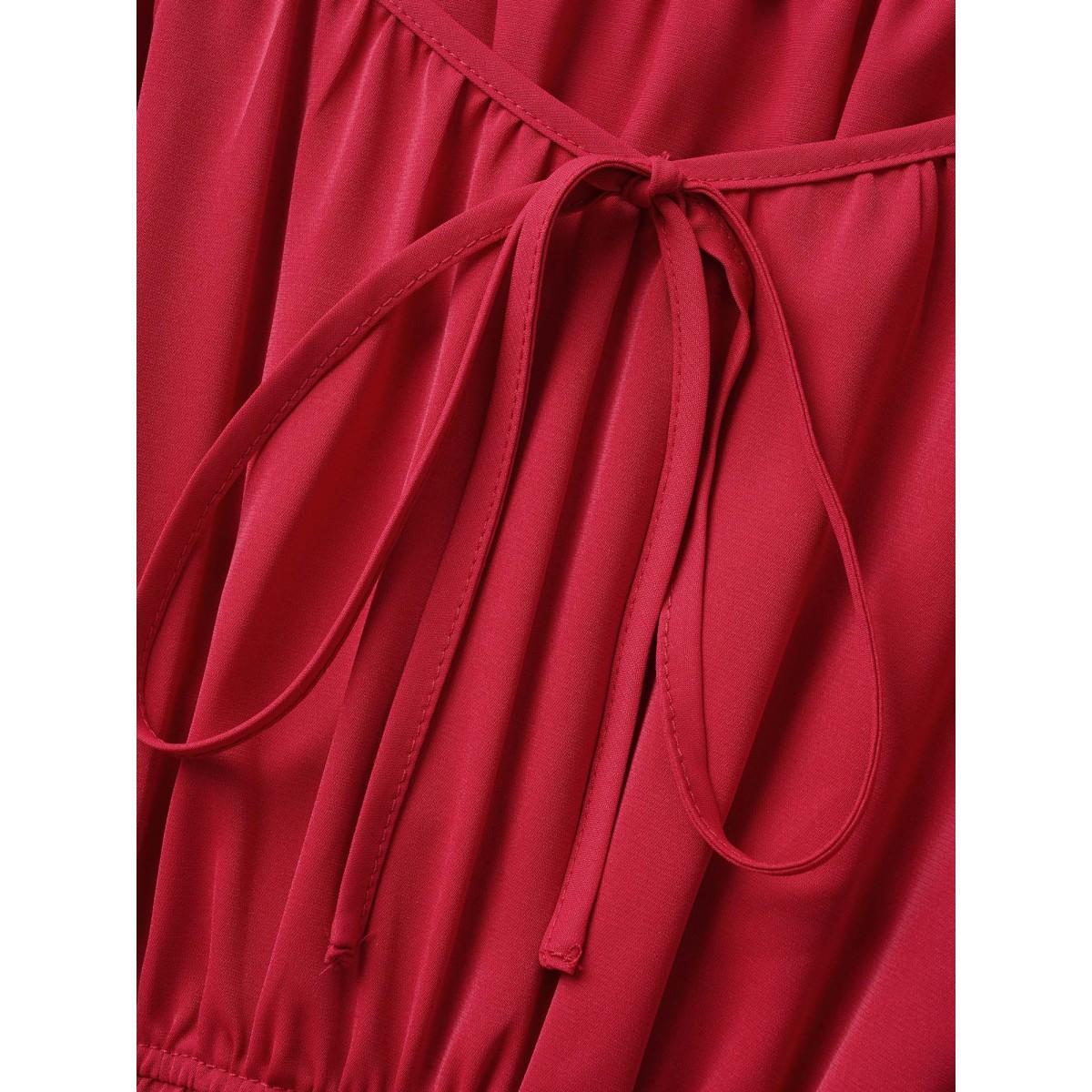 Plus Size Heart Neckline Bowknot Ruffle Trim Midi Dress Crimson Women Elegant Tie knot Heart neckline Short sleeve Curvy BloomChic 14-16/1X Product Image