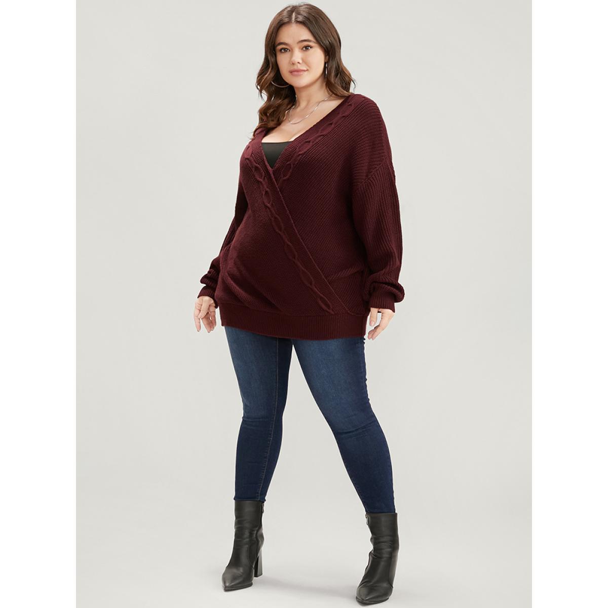 Plus Size Solid Pointelle Knit Surplice Neck Cable Knit Top Scarlet Women Elegant Loose Long Sleeve Overlap Collar Dailywear Pullovers BloomChic 22-24/3X Product Image
