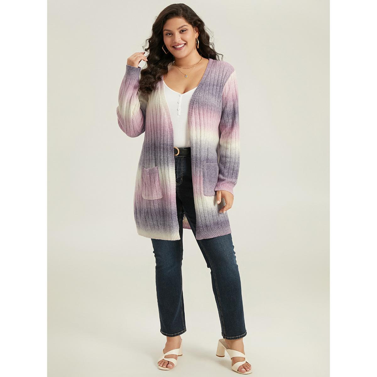 Plus Size Ombre Patched Pocket Tunic Cardigan Multicolor Women Glamour Loose Long Sleeve Dailywear Cardigans BloomChic 10/M Product Image
