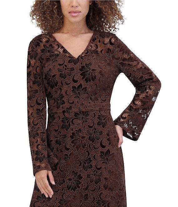 Kensie Velvet Lace V-Neck Long Bell Sleeve Mini Dress Product Image