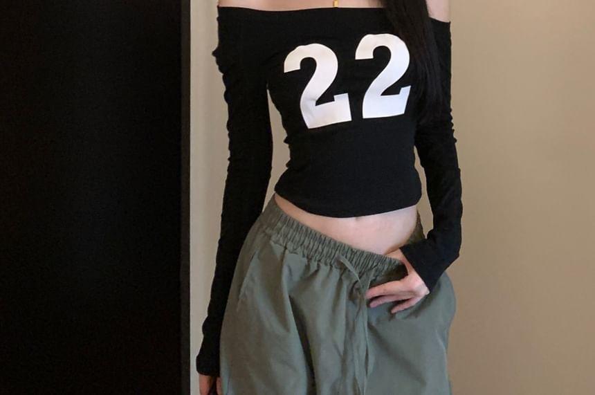 Off Shoulder Long-Sleeve Numbering Printed Cropped Tee / Mid Rise Plain Wide Leg Pants Product Image