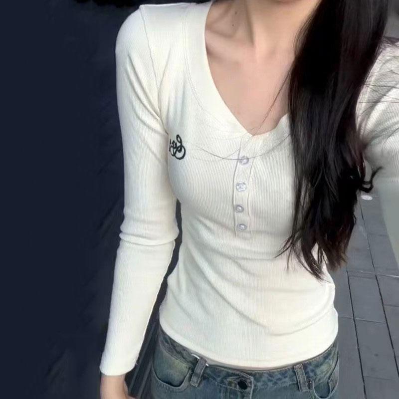 Long-Sleeve V-Neck Half Buttoned Lettering Top Product Image
