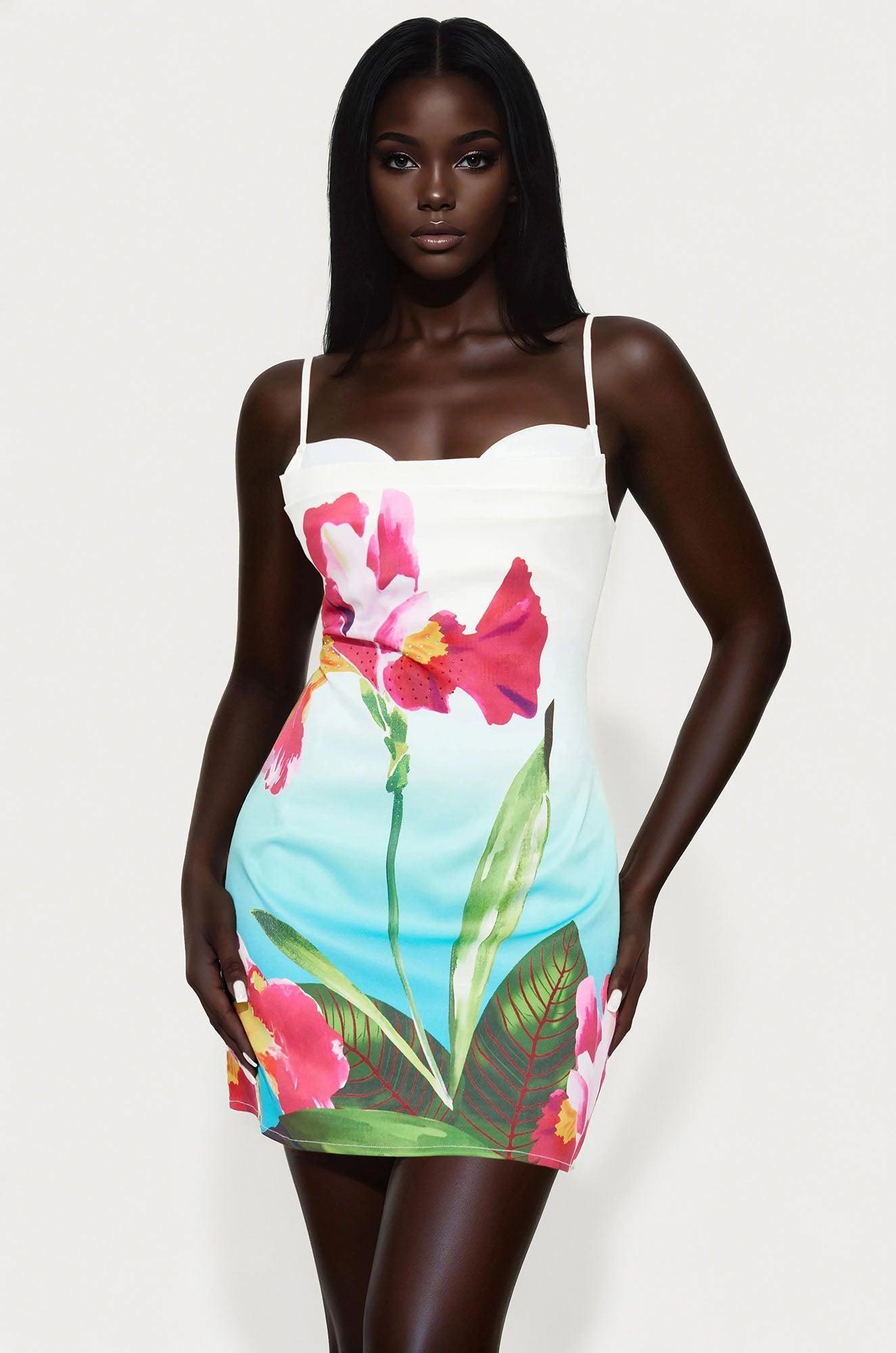 Exotic Beauty Floral Satin Mini Dress - Multi Color Product Image