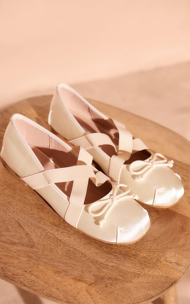 Cream Round Toe Satin Bow Cross Strap Ballet Pumps Product Image