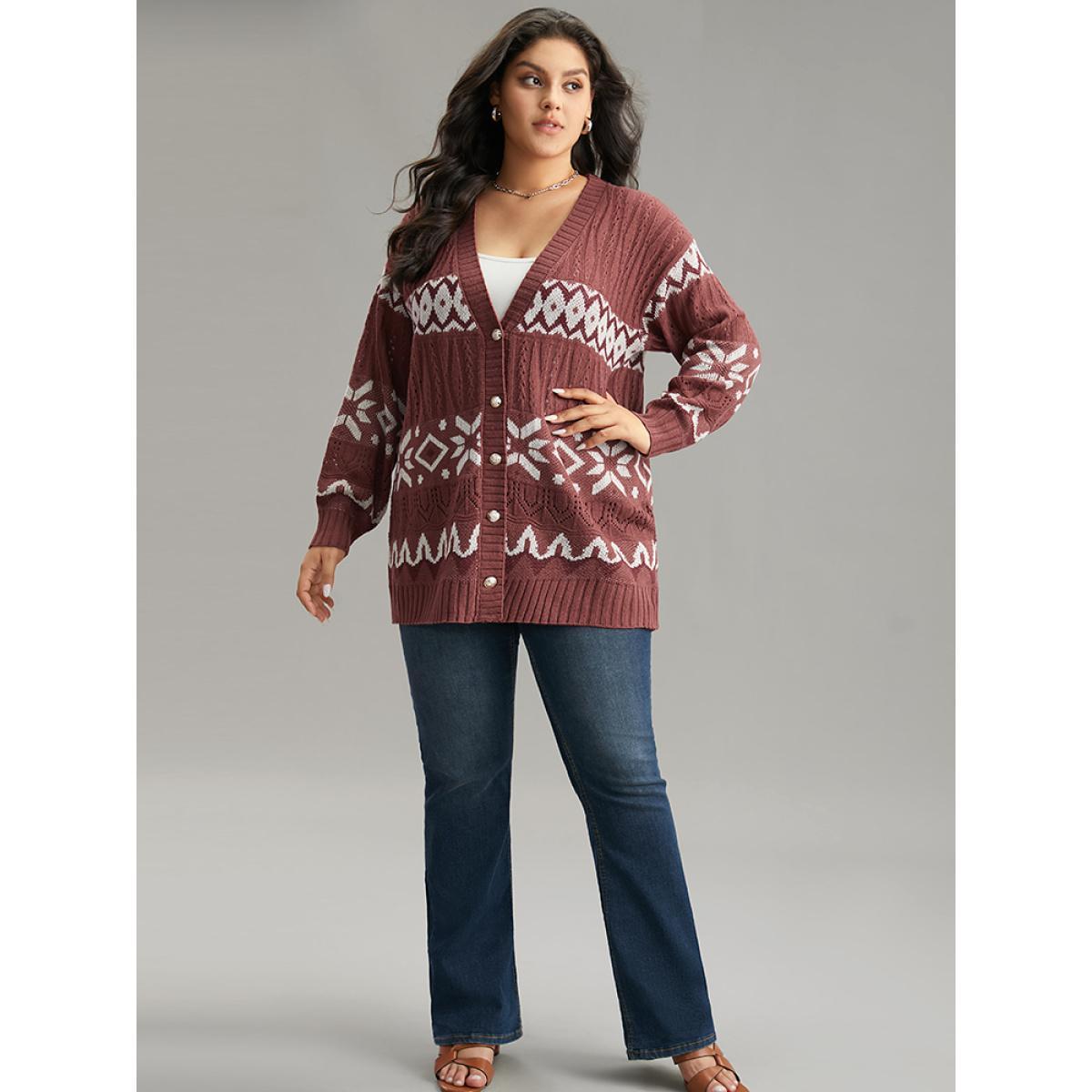 Plus Size Bandana Print Eyelet Metal Button Fly Cardigan Rust Women Casual Loose Long Sleeve Dailywear Cardigans BloomChic 22-24/3X Product Image