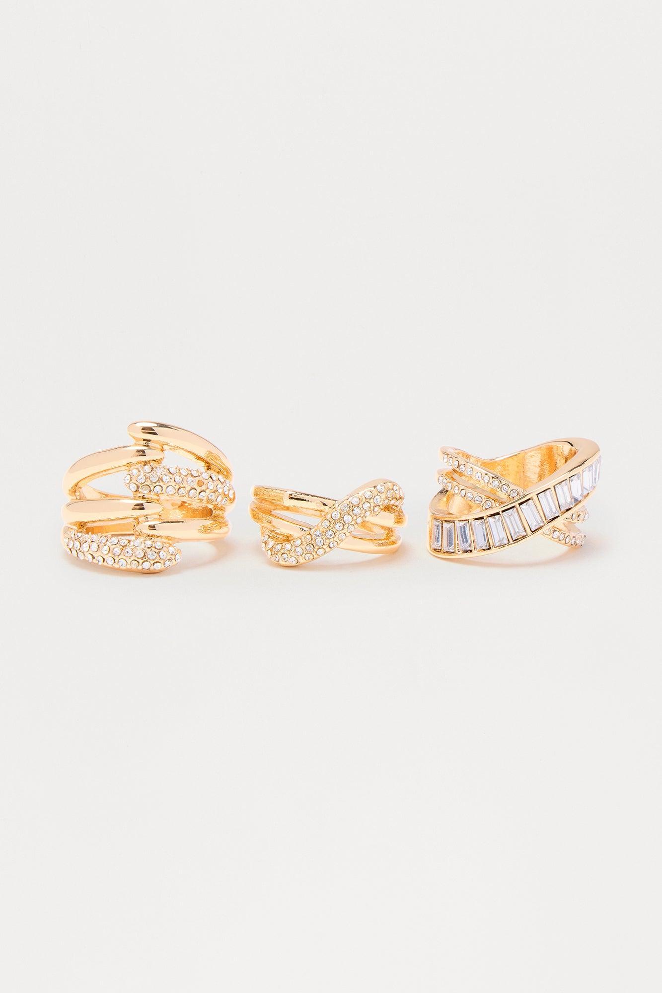 Tonya Twist Rhinestone 3 Piece Ring Set - Gold Female Product Image