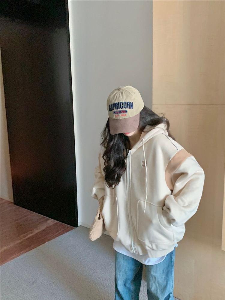 Two Tone Lettering Embroidered Zip-Up Hoodie Product Image