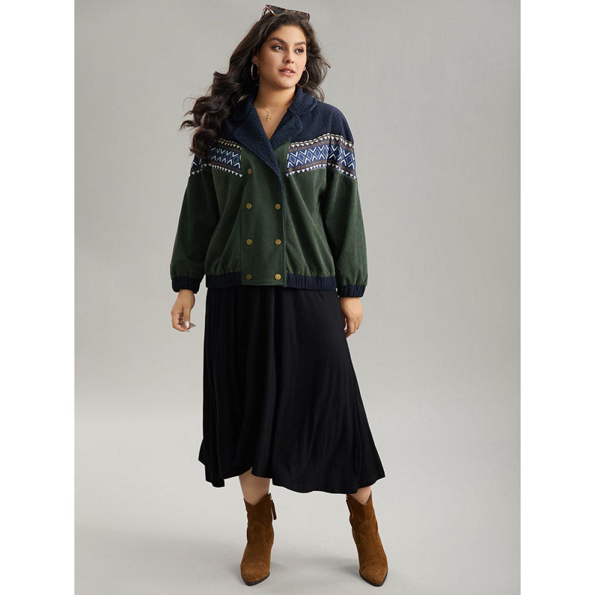 Plus Size Lapel Collar Geometric Patchwork Jacket Women ArmyGreen Elastic cuffs Dailywear Jackets BloomChic 22-24/3X Product Image