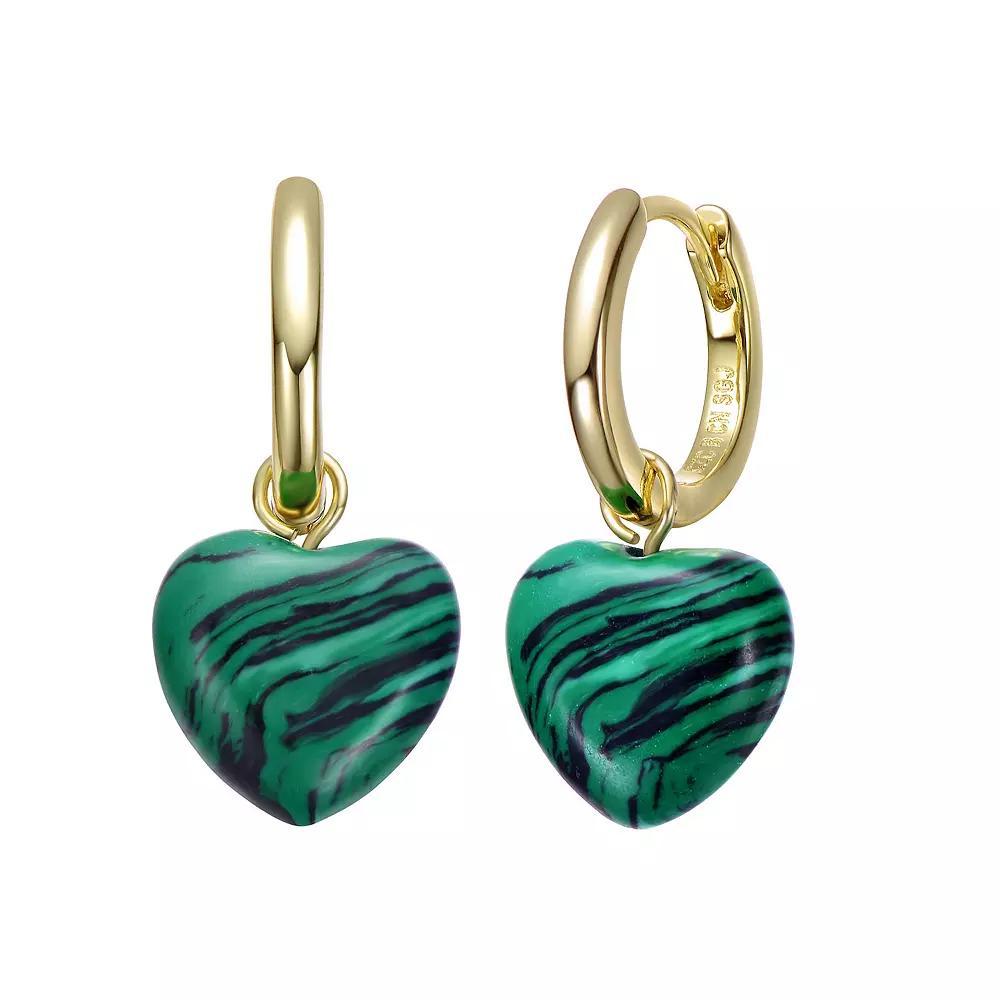 Gold Tone Simulated Malachite Puffed Heart Dangle Earrings, Womens Product Image