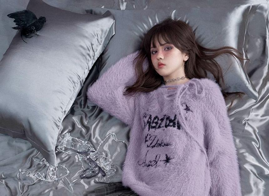 Long-Sleeve V-Neck Lace-Up Lettering Sweater Product Image