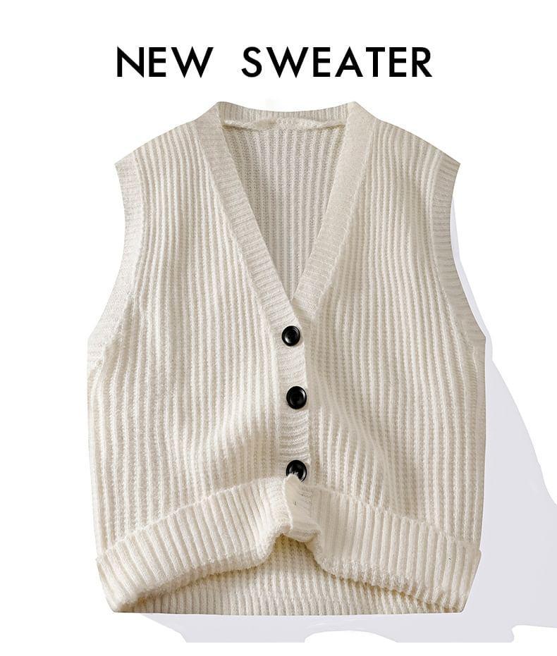 V-Neck Plain Ribbed Button-Up Knit Sweater Vest Product Image