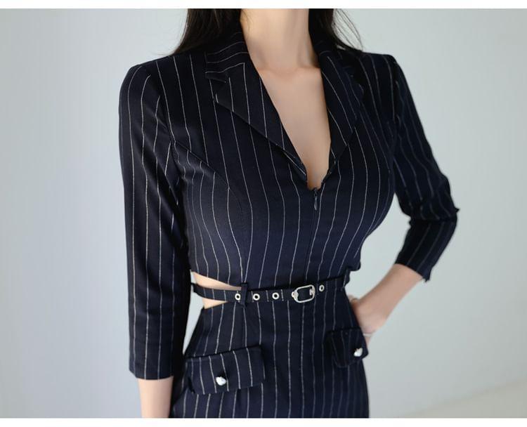 3/4-Sleeve V-Neck Striped Cutout Mini Sheath Dress Product Image