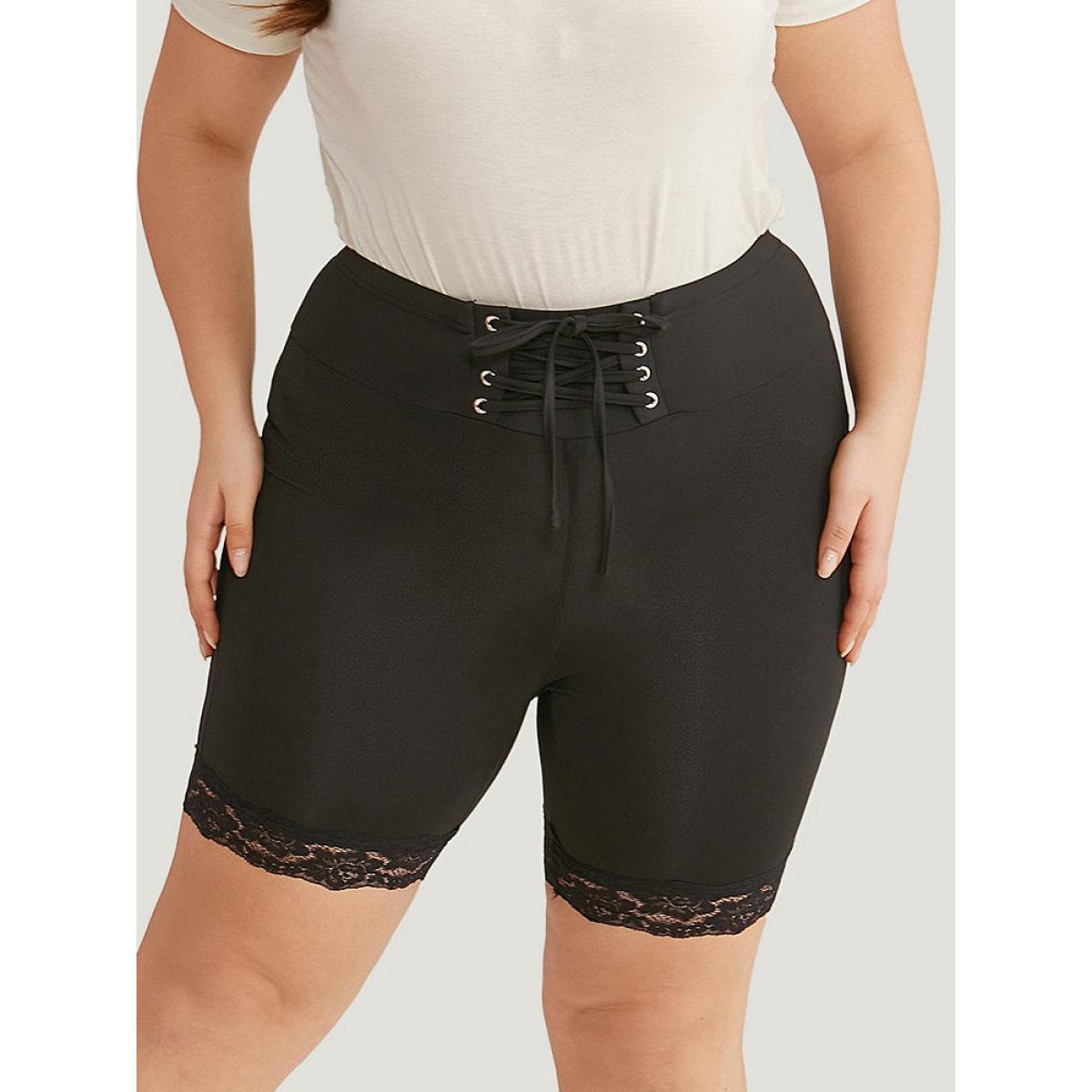 Plus Size Solid Lace Up Guipure Lace Leggings Women Black Casual High stretch Skinny Mid Rise Dailywear Leggings BloomChic 14-16/1X Product Image