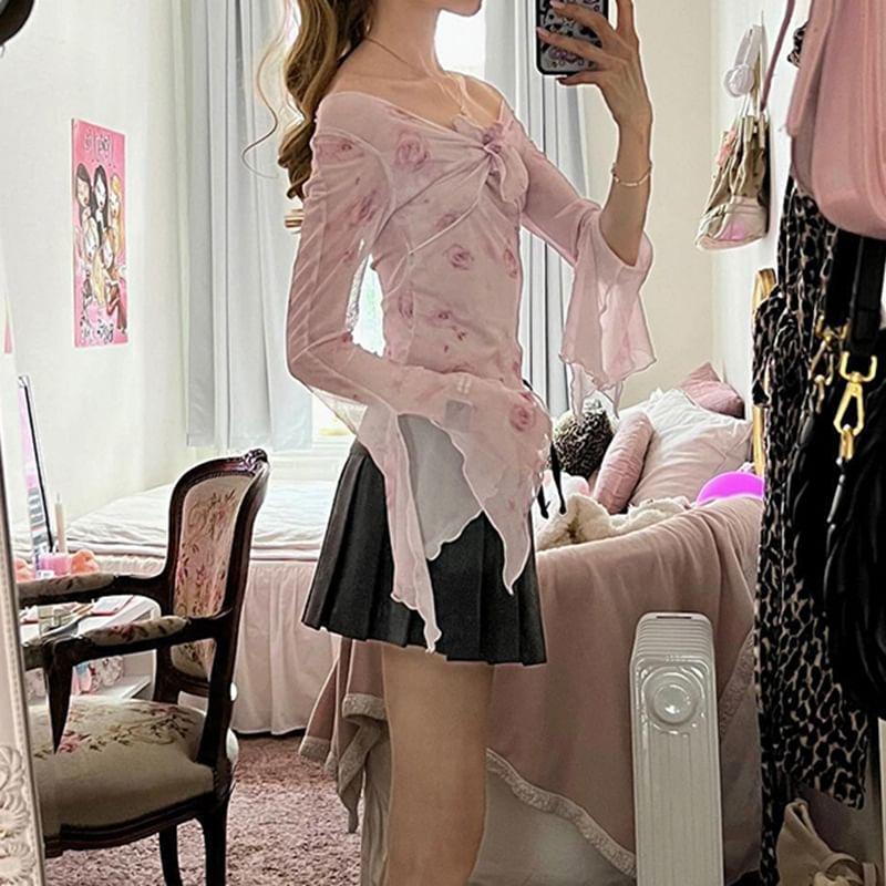 Bell Sleeve Mock Two Piece V-Neck Floral Print Tie-Front Mesh Crop Top Product Image