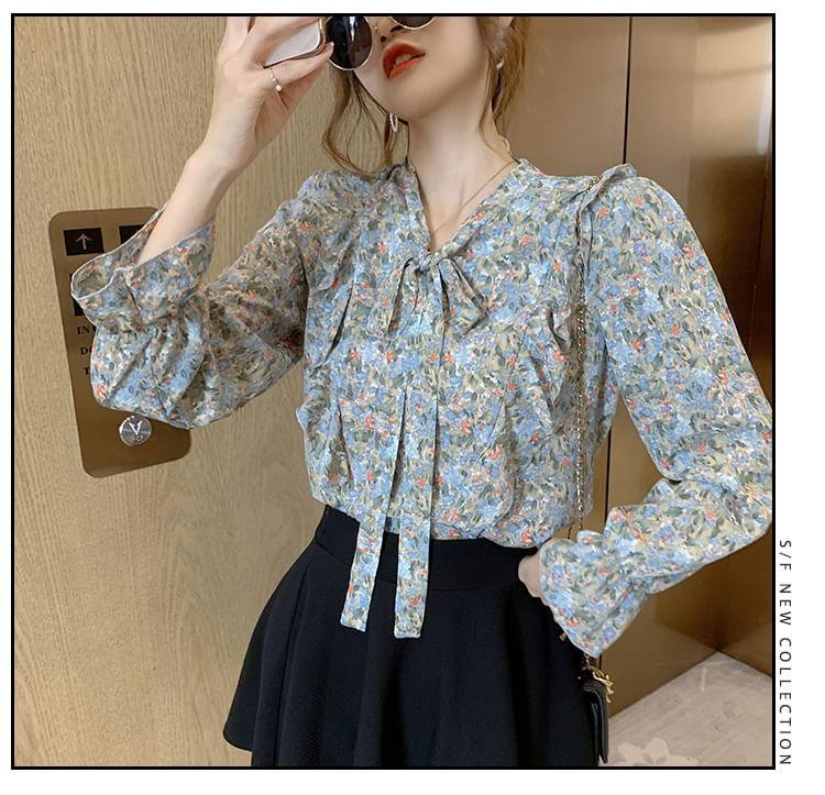 Long-Sleeve Tie-Neck Floral Print Ruffle Trim Blouse Product Image