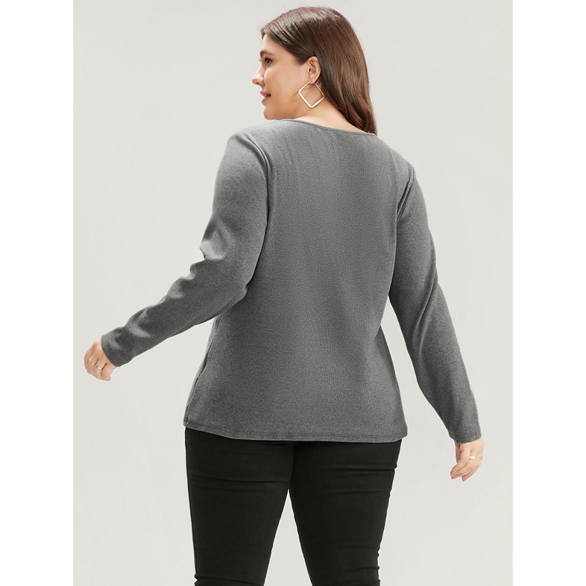 Plus Size Solid V Neck Crochet Lace Rib Knit Long Tee Gray Women Elegant Patchwork Plain V-neck Dailywear T-shirts BloomChic 12/L Product Image