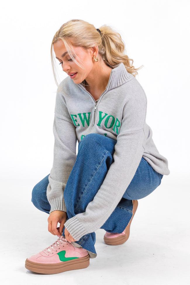 Roll With It Grey and Green New York Embroidered Quarter Zip Sweater FINAL SALE Product Image