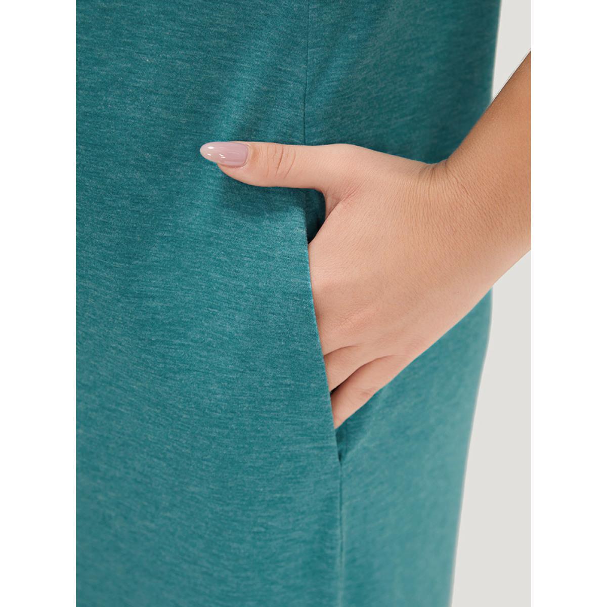 Plus Size Supersoft Essentials Solid Pocket Keyhole Petal Sleeve Dress Cerulean Women Casual Plain V-neck Short sleeve Curvy Midi Dress BloomChic 10/M Product Image