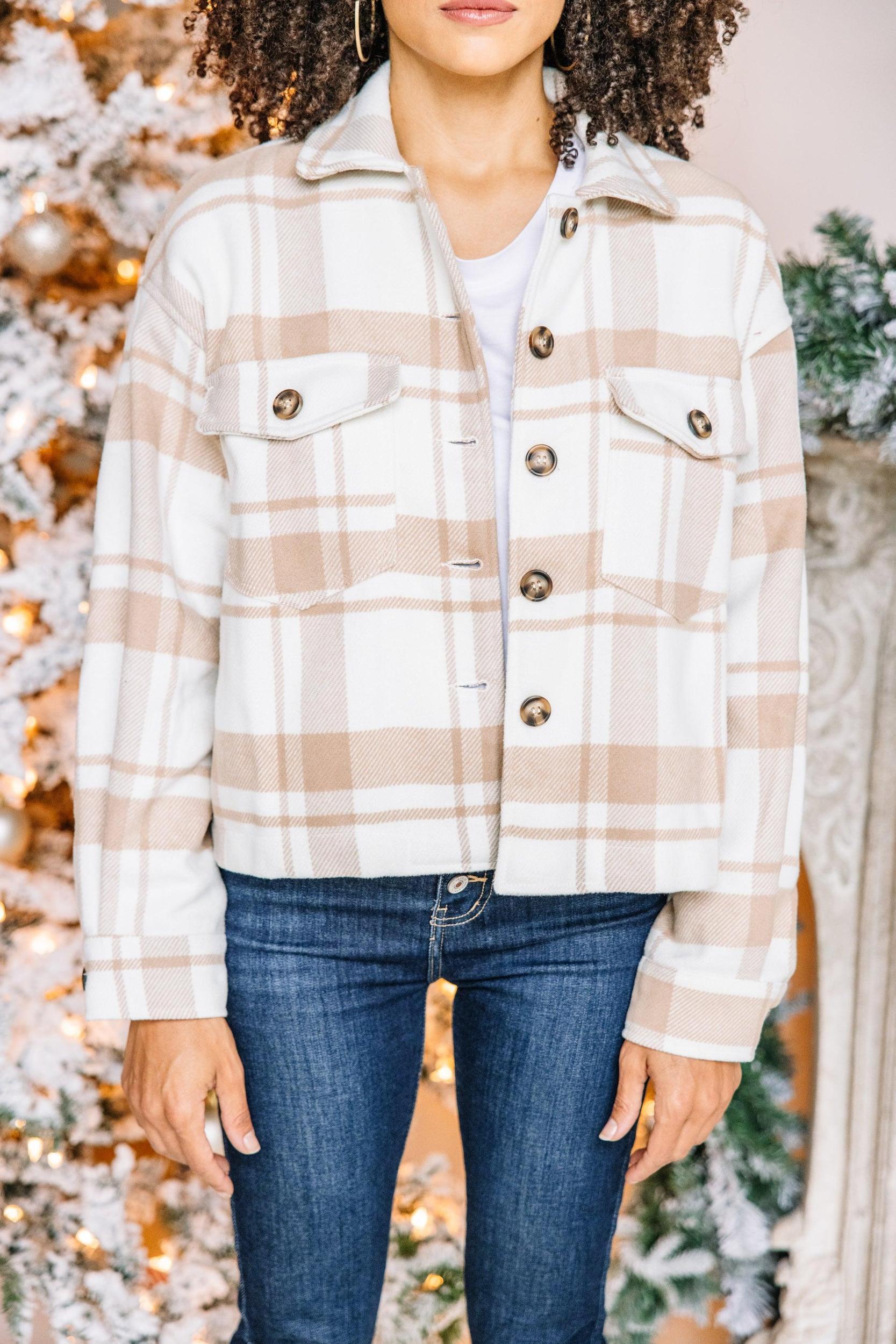 Close Ties Khaki Brown Plaid Shacket Female Product Image