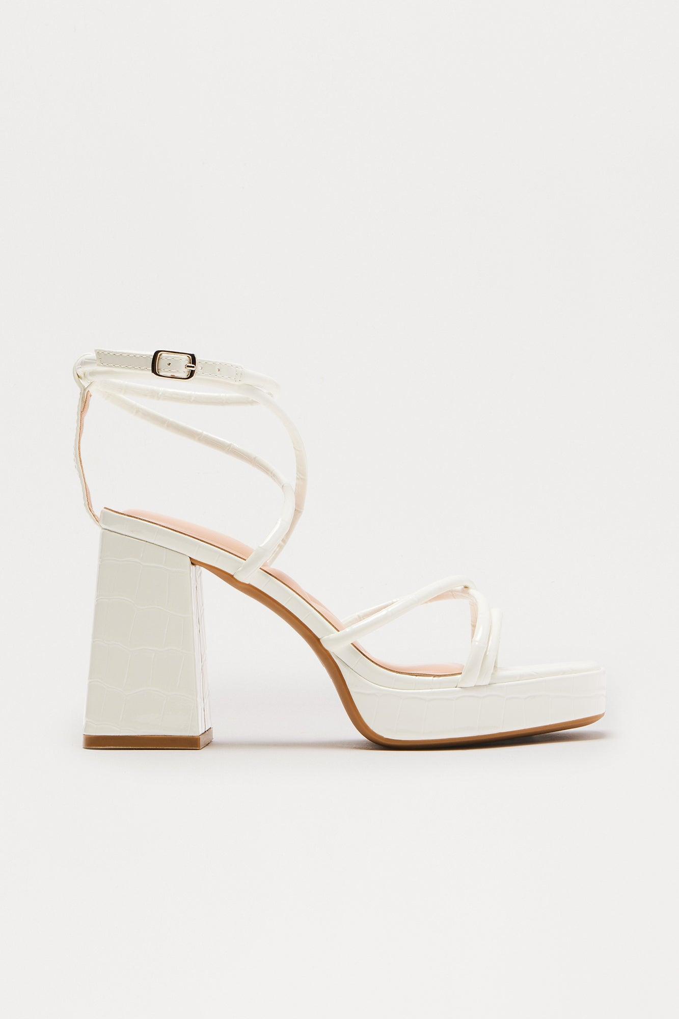 Crystal Square Toe Block Heels - White Female Product Image