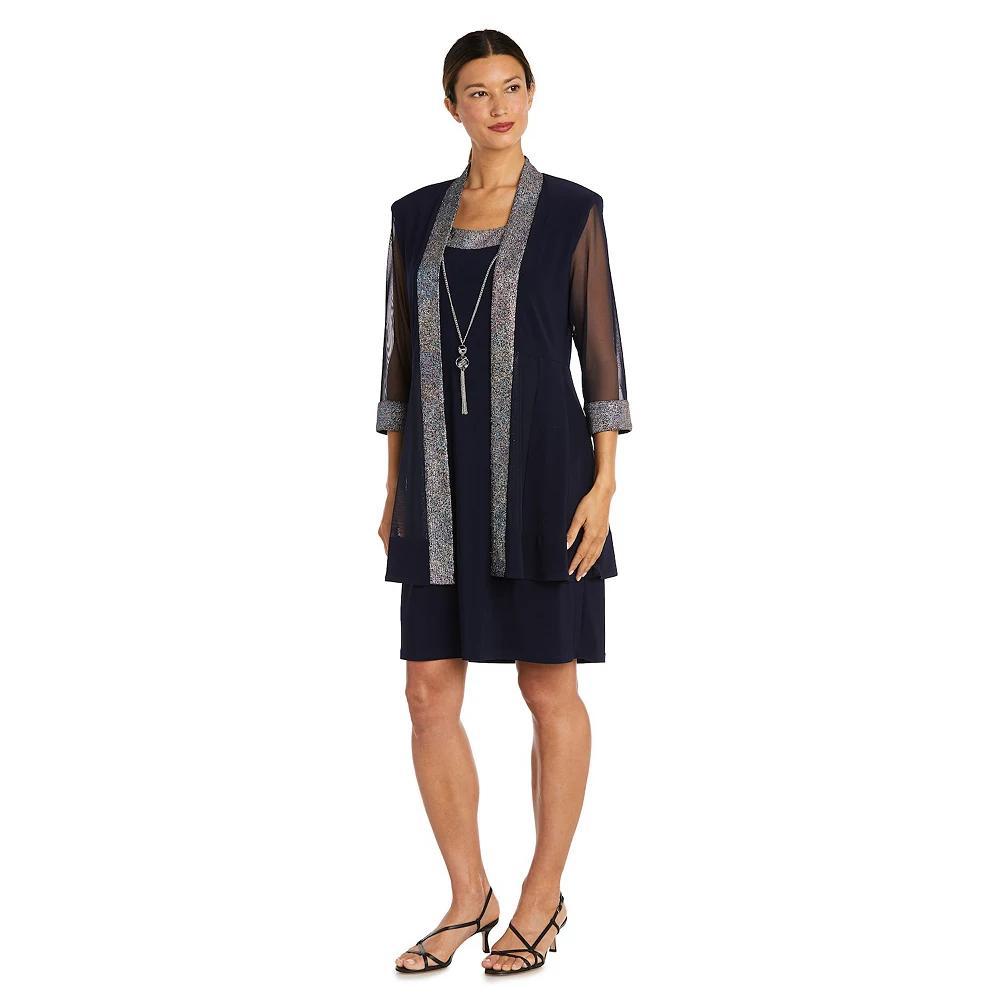 Women's R&M Richards 3-pc. Foil Texture Knit Jacket, Dress & Necklace Set, Size: 16, Blue Product Image