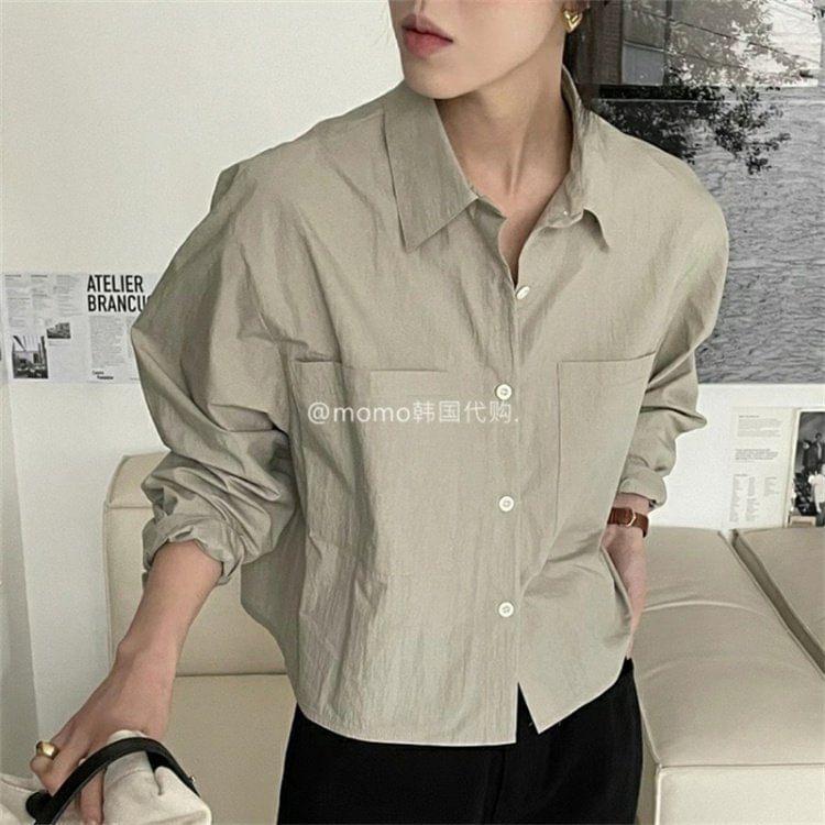Long-Sleeve Plain Pocket Detail Shirt Product Image