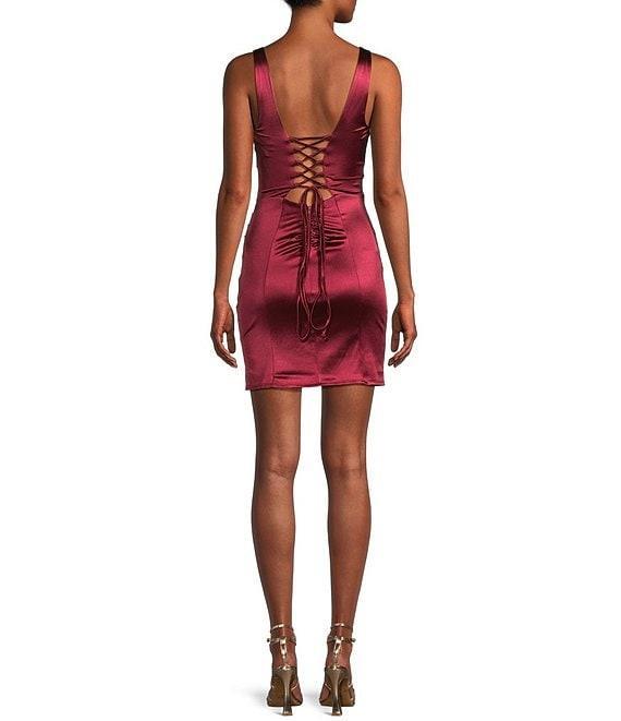 Honey and Rosie Sateen Deep V-Neck Corset Inspired Front Slit Lace Up Tie Back Dress Product Image