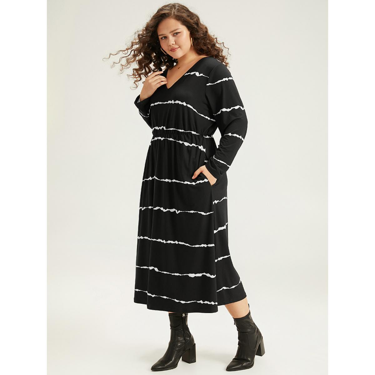 Plus Size Striped Print V Neck Elastic Waist Dress Black Women Casual Elastic Waist V-neck Long Sleeve Curvy Midi Dress BloomChic 14-16/1X Product Image