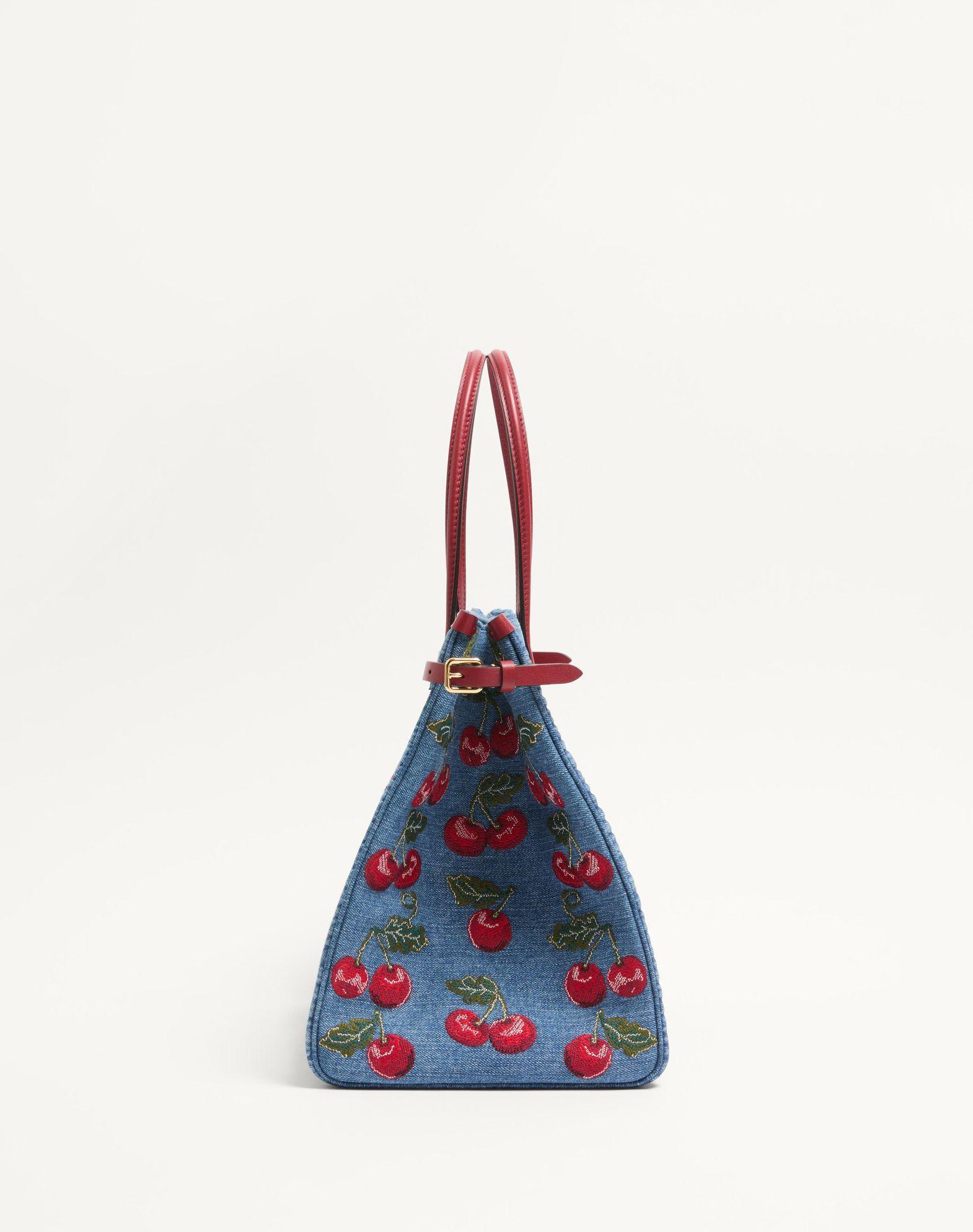 Valentino Garavani Antibes Medium Shopping Bag In Denim With Cherryfic Embroidery Product Image
