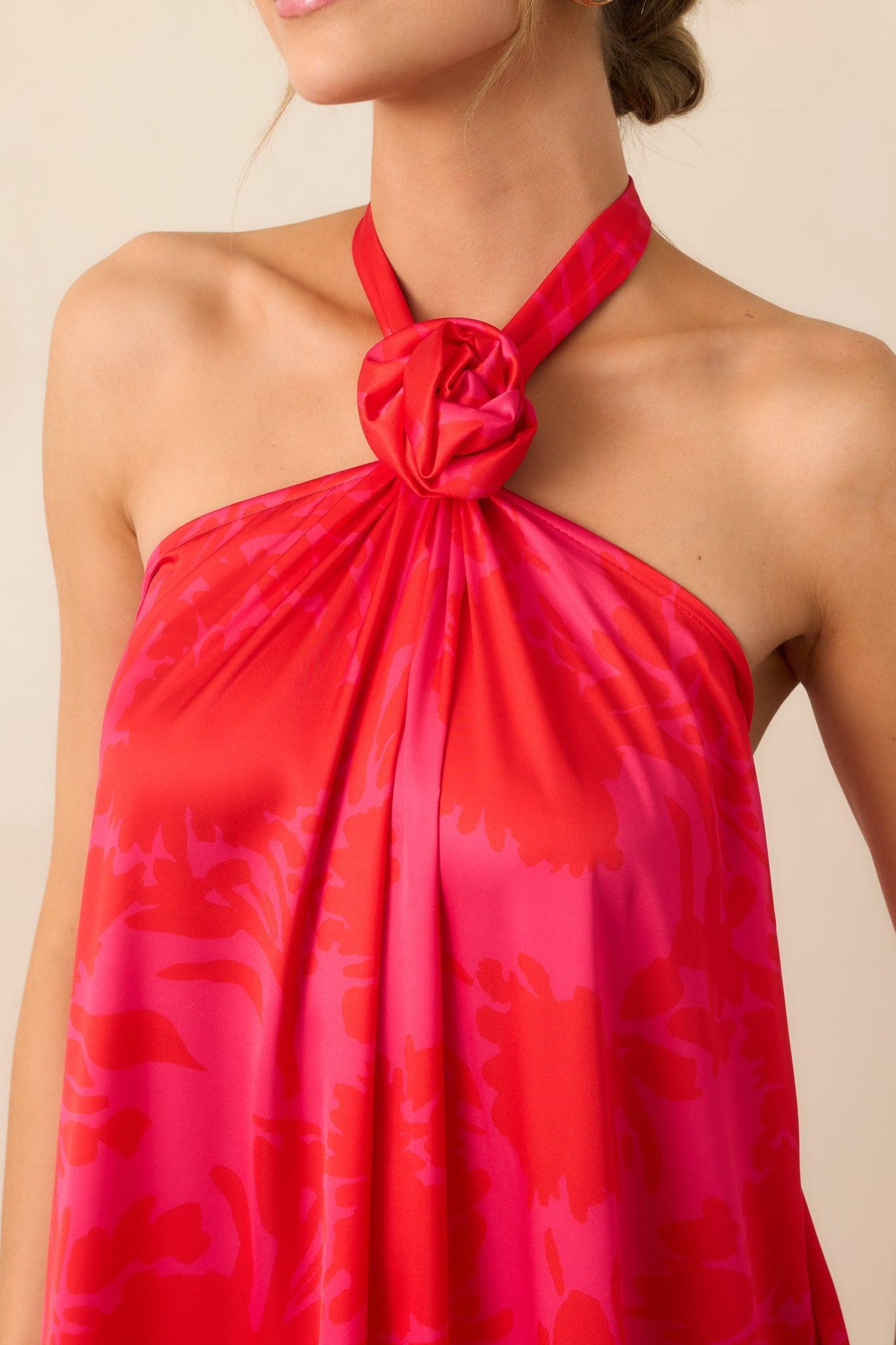 Everything You Need Red Floral Satin Halter Maxi Dress Product Image