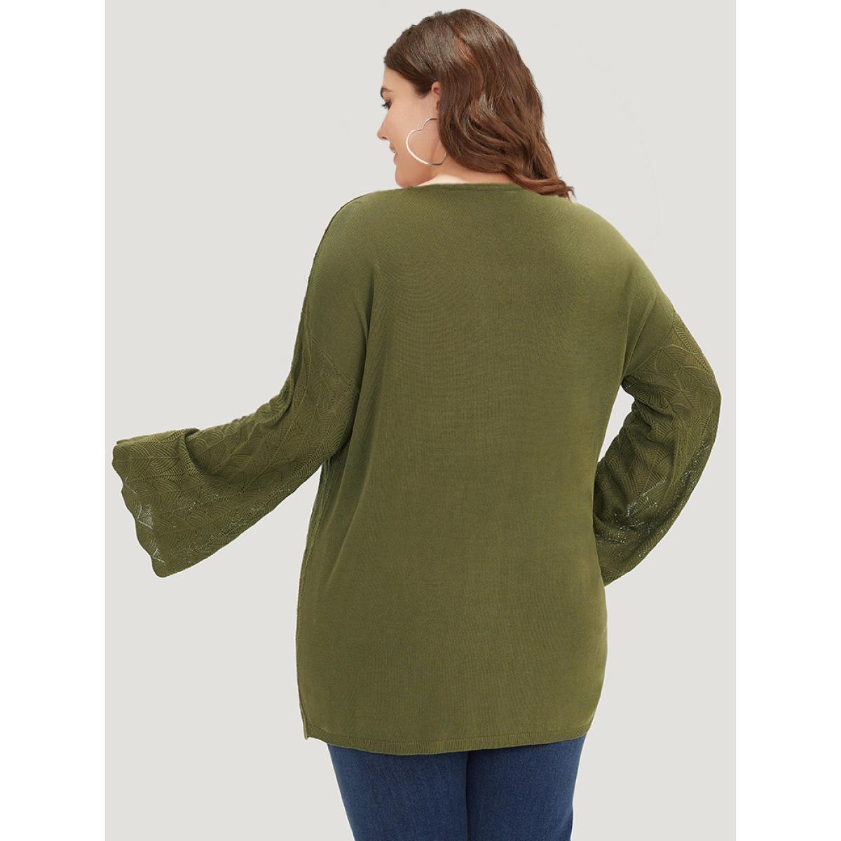 Plus Size Solid Ties Bell Sleeve Scalloped Trim Breathable Pullover Moss Women Casual Loose Long Sleeve V-neck Dailywear Pullovers BloomChic 26/4X Product Image