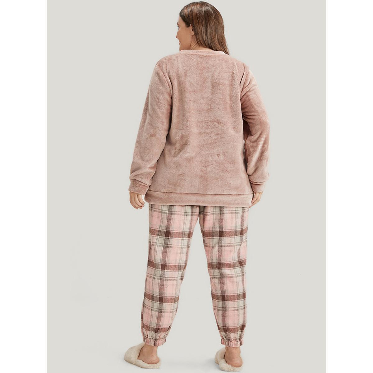 Plus Size Solid Flannel Round Neck Plaid Pajama Set Women Russet Plaid Elastic Waist Long Sleeve Round Neck Casual Loungewear Sets BloomChic 12/L Product Image