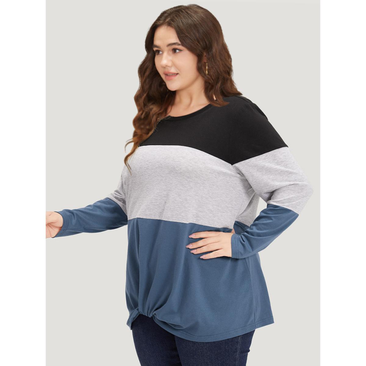Plus Size Round Neck Twist Front Patchwork Contrast T-shirt Multicolor Women Casual Contrast Plain Round Neck Dailywear T-shirts BloomChic 18-20/2X Product Image