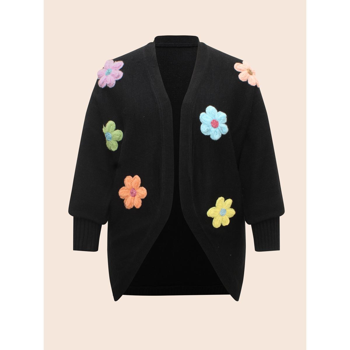 Plus Size Stereo Flower Design Drop Shoulder Cardigan Black Women Casual Loose Long Sleeve Everyday Cardigans BloomChic 18-20/2X Product Image